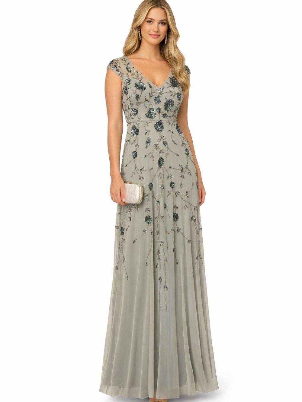 Adrianna Papell Sage Beaded Floral V‑Neck Maxi Dress